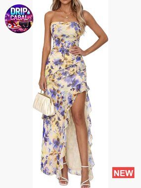 Off The Shoulder Strapless Ruffle Slit Maxi Dress Cocktail Party Formal